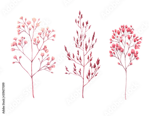 Beautiful bouquet composition with watercolor herbarium wild dried grass in pink and yellow colors. Stock illustration.