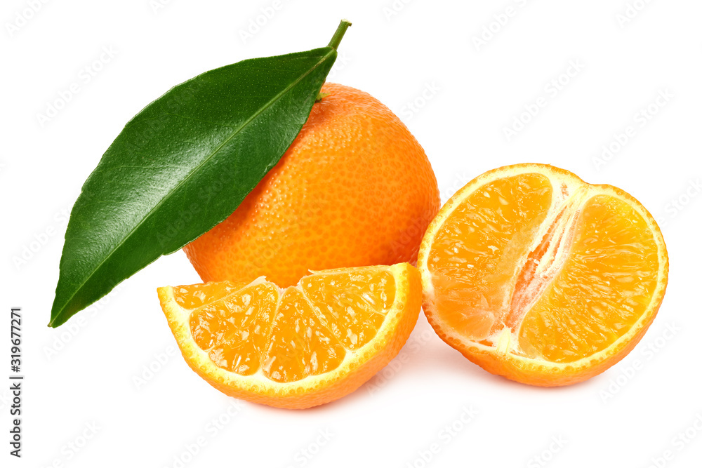 mandarin with slices and green leaf isolated on white background mandarin with slices and green leaf isolated on white background