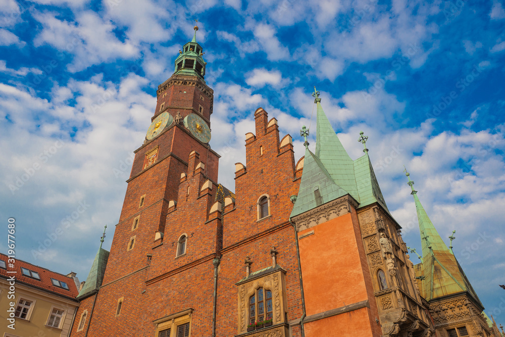 Fototapeta premium Wroclaw. Gothic town hall with a large astronomical clock. Poland
