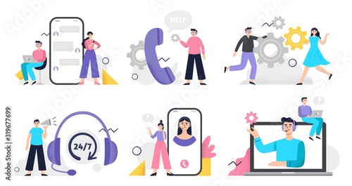 Set of customer service illustration. Girls and men answer phone calls, chatting with customers and help clients. Flat Vector illustration good for telemarketing, call centers or helpline.