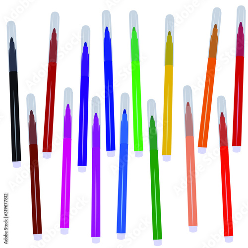 Set of fifteen markers with basic colors for drawing and painting. For sale and advertising markers and drawing them. Felt-tipped pen for courses on drawing. Set of markers with a cap for children.