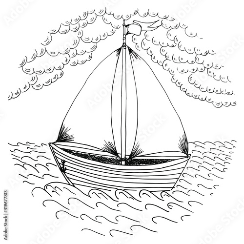 A vector sketch of a boat with sails swinging on the waves.