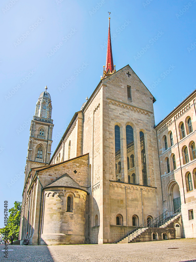 Grossmunster cathedral side view in Zurich in Switzerland in summertime
