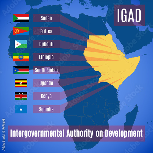 Member countries of the Intergovernmental Authority on Development. Map and flags of members of the IGAD.