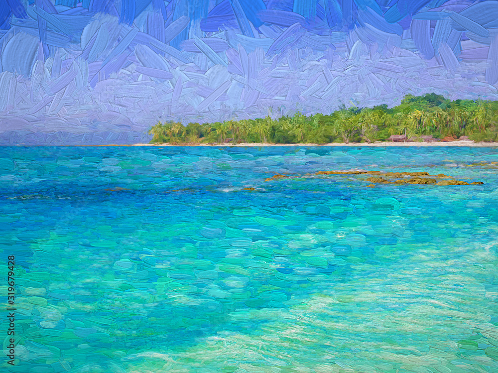 Obraz premium Beautiful image of Panasia Island fresh green sea water and the clear blue sky in summer time. Louisiade Archipelago, Papua New Guinea. Abstract oil painting.
