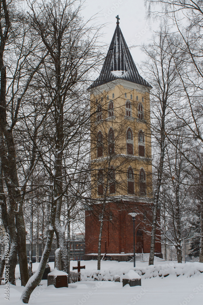 winter city landscape with a Church building. Finland, Lappeenranta
