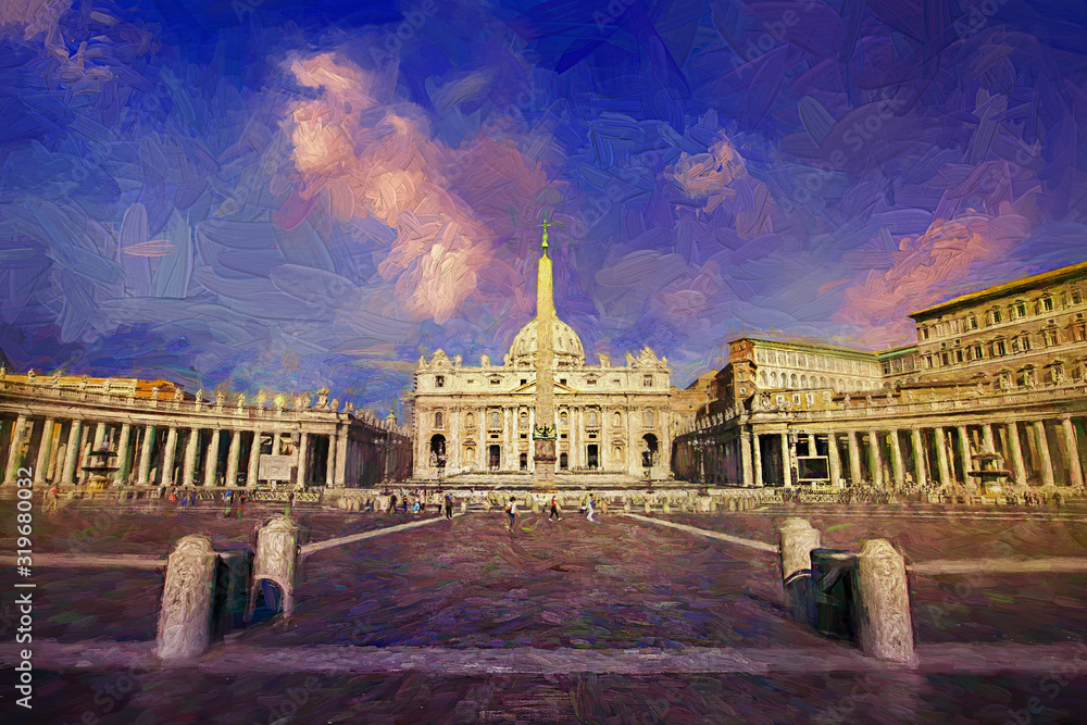 The amazing panorama landscape picture of Saint Peter Square and Saint Peter Basilica in evening of summer time. Vatican City, Italy. Abstract oil painting.