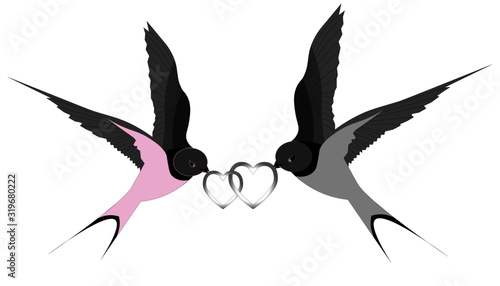 Two romantic swallows with silver hearts in their beaks. For wedding, love story or valentine's day design.