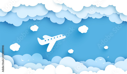 illustration of an plane over a cloud and sun and long shadow. Template. design paper art and handicraft. Vector illustration