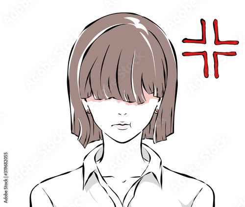 前髪で目を隠した女性の怒り