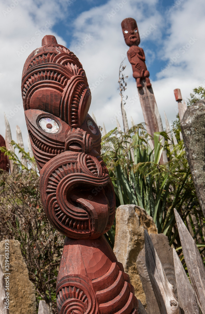 Botanic garden Hamilton New Zealand Maori village. Poles and statues
