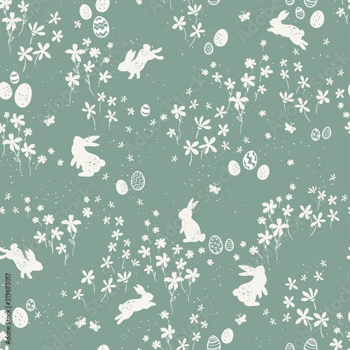 Cute ha nd drawn bunnies in a flower meadow, sweet easter pattern, with rabbits, flowers, easter eggs - great for textiles, easter cards, banners, wallpapers - vector design