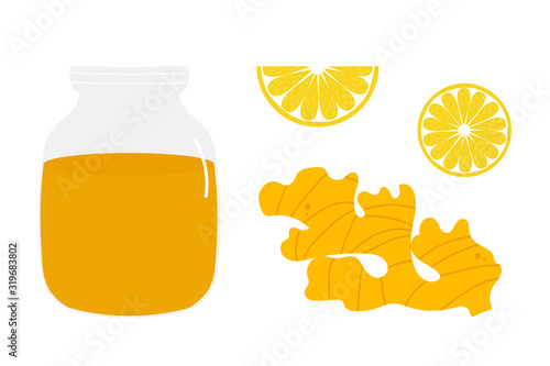 Set, collection of vector cartoon style ginger roots, honey and lemon slices. Healthy antioxidant, detox food.