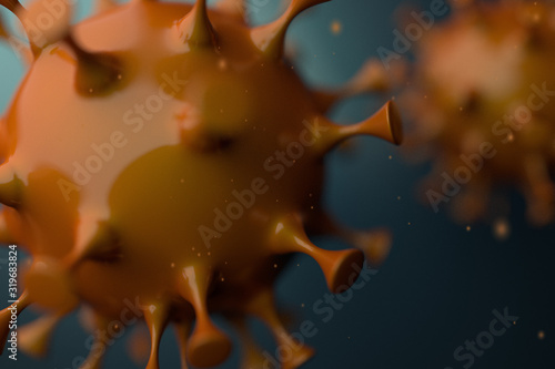 Coronavirus or Virus group of orange cells through a Microscopic view floating in fluid 3D illustration