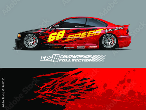 Vehicle graphic livery design vector. Graphic abstract stripe racing background designs for wrap cargo van, race car, pickup truck and adventure. Full vector Eps 10.