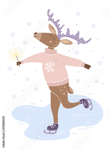 Festive deer ice skating with sparkler in a pink sweater.