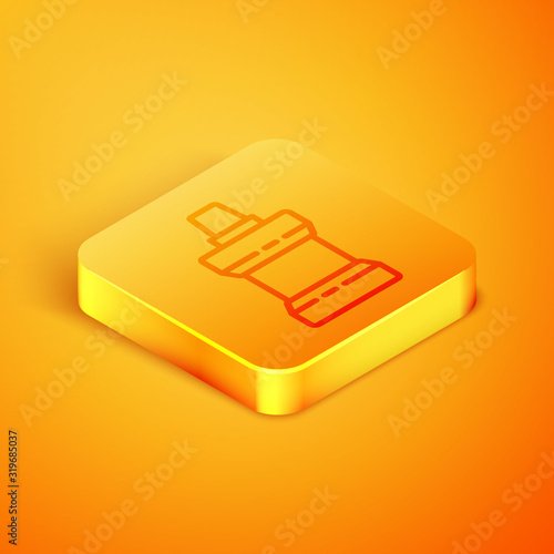 Isometric line Mouthwash plastic bottle icon isolated on orange background. Liquid for rinsing mouth. Oralcare equipment. Orange square button. Vector Illustration