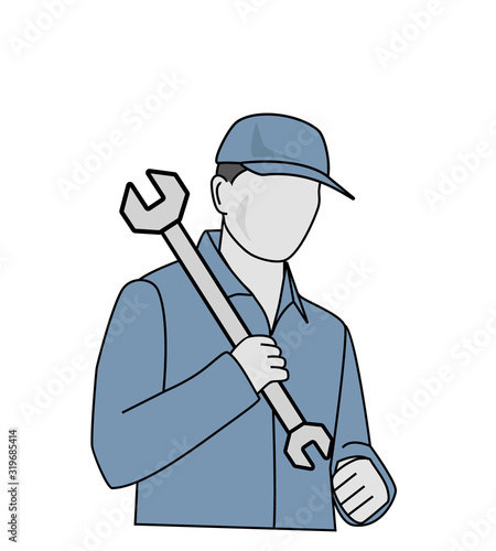 man holds a wrench. working auto mechanic. responsible work. vector illustration