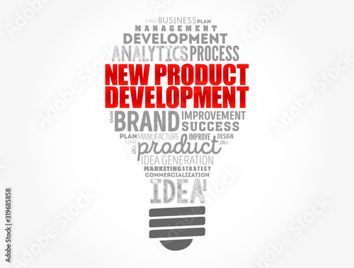 New product development light bulb word cloud collage, business concept background