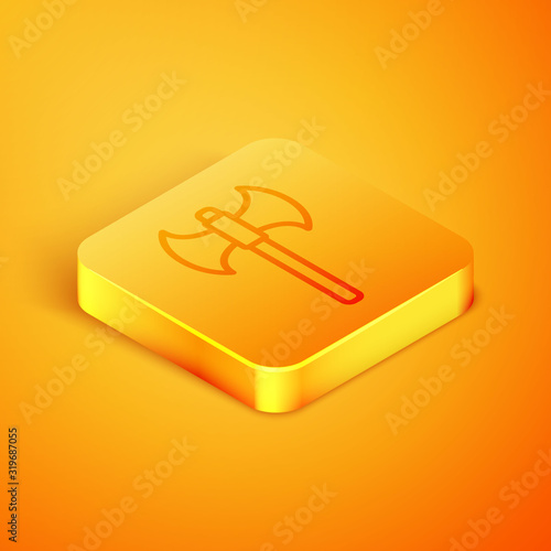 Isometric line Medieval axe icon isolated on orange background. Battle axe, executioner axe. Orange square button. Vector Illustration