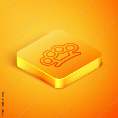 Isometric line Brass knuckles icon isolated on orange background. Orange square button. Vector Illustration