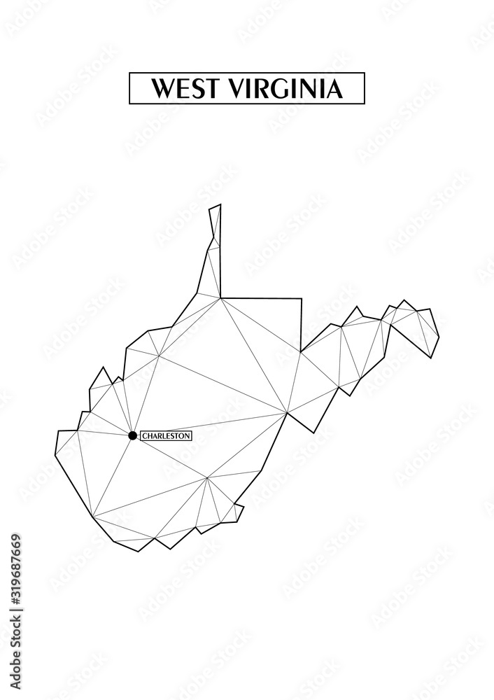 Polygonal abstract map state of West Virginia with connected triangular shapes formed from lines. Capital of state - Charleston. Good poster for wall in your home. Decoration for room walls. Polygonal abstract map state of West Virginia with connected triangular shapes formed from lines. Capital of state - Charleston. Good poster for wall in your home. Decoration for room walls.