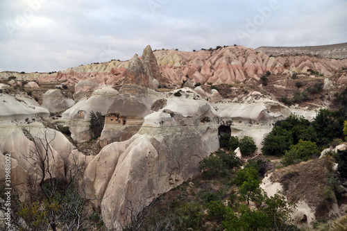 Unusual stones from volcanic rocks in the Red Valley near the village of Goreme in the Cappadocia region in Turkey.