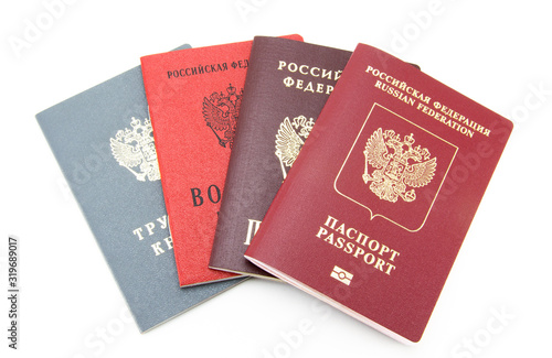 Passport,   International passport, work book and military ID of the Russian Federation. Documents of Russia on a high quality white isolated background.
