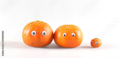 tangerines of different sizes lie on a white background photo