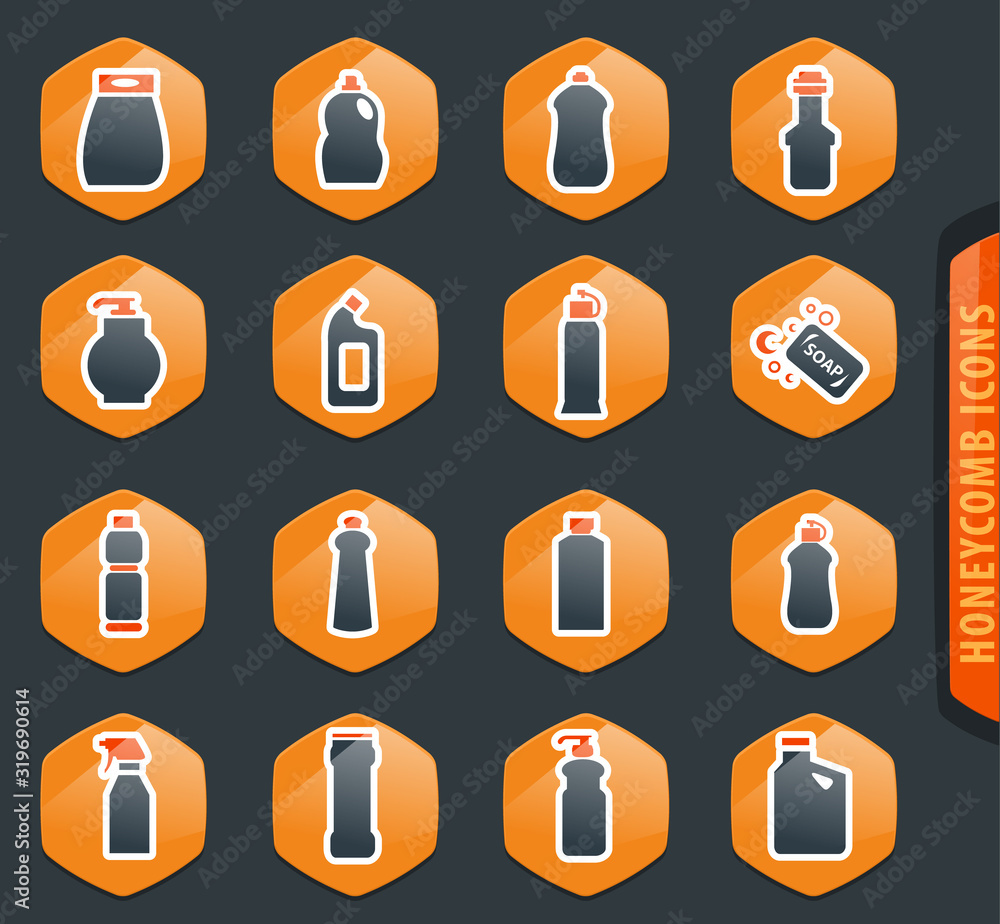 Household chemicals icons set Household chemicals icons set