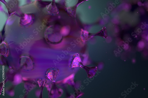 Coronavirus or Virus group of purple cells through a Microscopic view floating in fluid 3D illustration