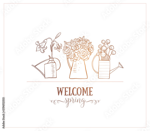 Greeting card with three bouquetes of garden flowers and place for your text on white background.