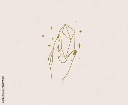 Vector abstract logo design template in simple linear style - hands and stars - mystic abstract symbol for cosmetics and packaging, jewellery, hand crafted or beauty products
