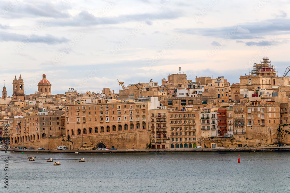 Grand Harbour of Malta, waterfront with St. Angelo Fort and Cabi Isla, Senglea at the background, Malta