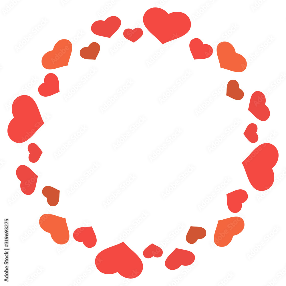 Round frame in cozy simple red and orange hearts on white background for your design. Vector image. Round frame in cozy simple red and orange hearts on white background for your design. Vector image.