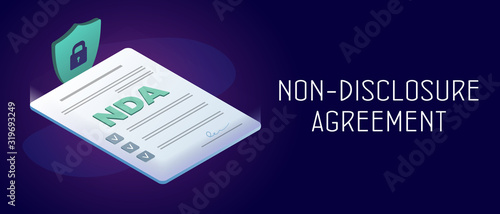 Non-Disclosure Agreement (NDA) horizontal banner concept. Employer and employee contracts. Proprietary confidentiality information document. Agreement form, checkmarks icon and signature icon