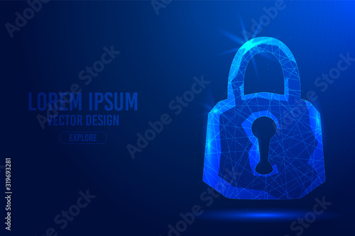 Padlock on a blue abstract background. Low poly wireframe digital banner. Linear and polygonal 3d concept. 