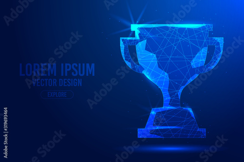 Winner trophy cup on a blue abstract background. Low poly wireframe digital banner. Linear and polygonal 3D concept.