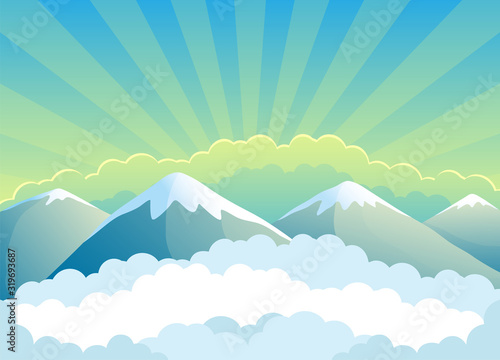 Landscape with mountains and clouds on a sunrise background.