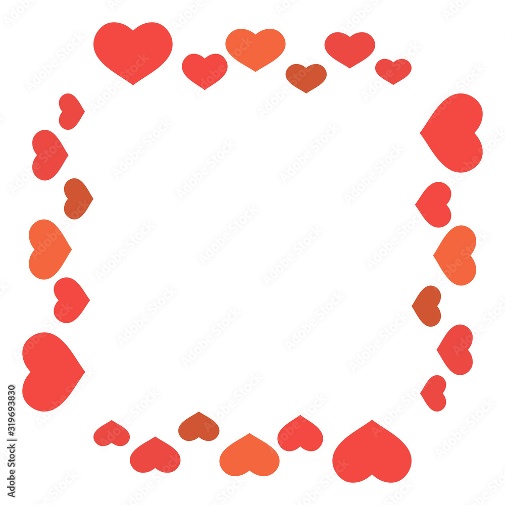 Square frame in cozy simple red and orange hearts on white background for your design. Vector image.