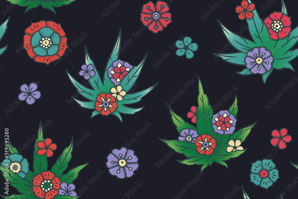 Hand drawn floral seamless pattern with cannabis leaves. Imitation of rough textured tattoo design.