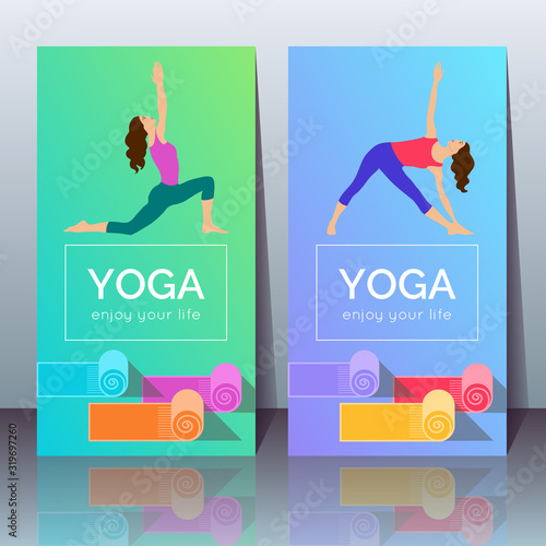 Vector flyers with girls in yoga poses and fitness mats, sample text on a gradient background 
