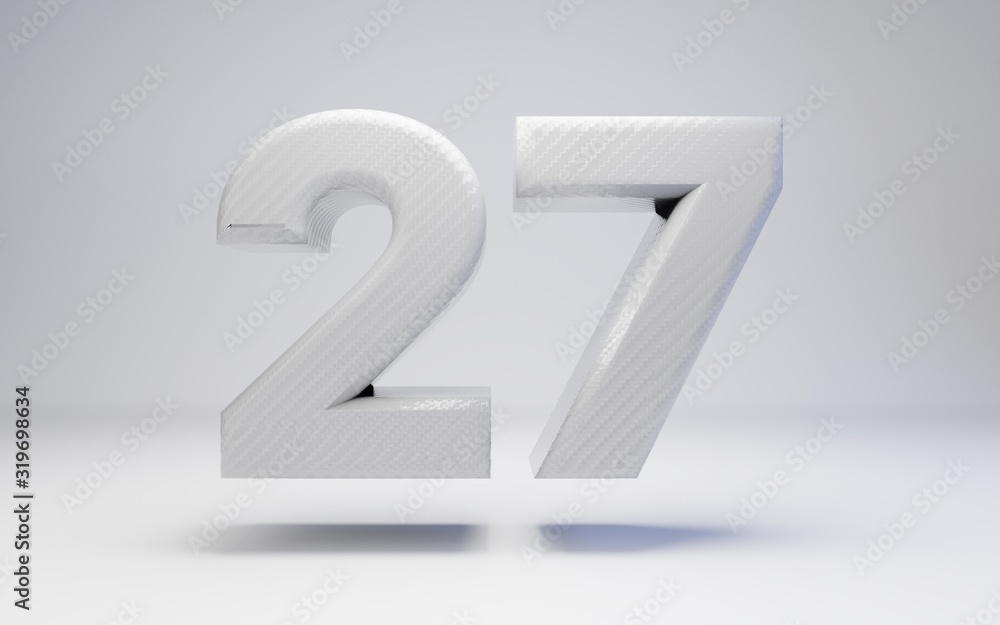 White carbon fiber number 27 isolated on white. 3D rendered white glossy carbon digits for posters, advertisements, banners. White carbon fiber number 27 isolated on white. 3D rendered white glossy carbon digits for posters, advertisements, banners.