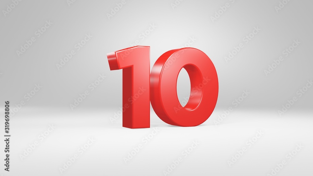 Number 10 in red on white background, isolated glossy number 3d render