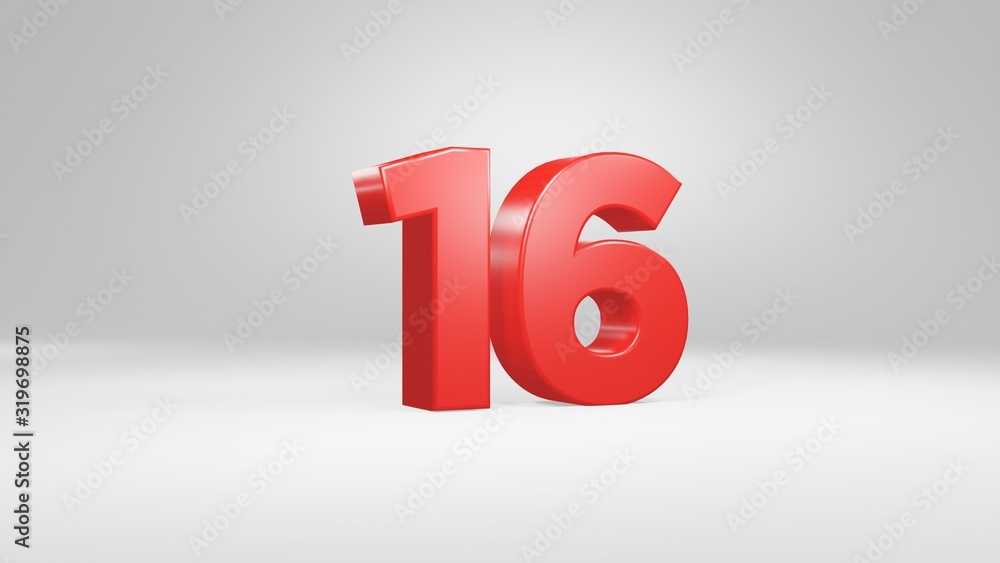 Number 16 in red on white background, isolated glossy number 3d render Number 16 in red on white background, isolated glossy number 3d render