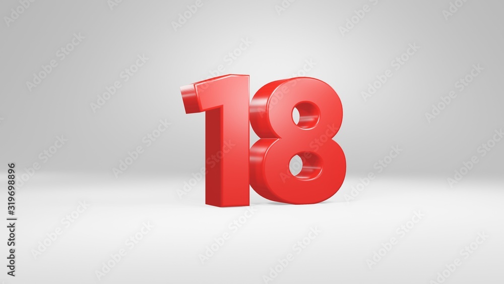 Number 18 in red on white background, isolated glossy number 3d render Number 18 in red on white background, isolated glossy number 3d render