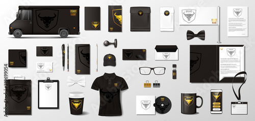 Black Corporate Branding template of van, folder, blank, shirt, envelope, business card, stamp. Business style stationery and documentation Mockup set. Vector