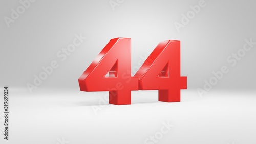 Number 44 in red on white background, isolated glossy number 3d render
