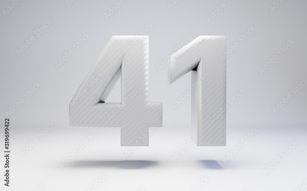Fototapeta premium White carbon fiber number 41 isolated on white. 3D rendered white glossy carbon digits for posters, advertisements, banners.