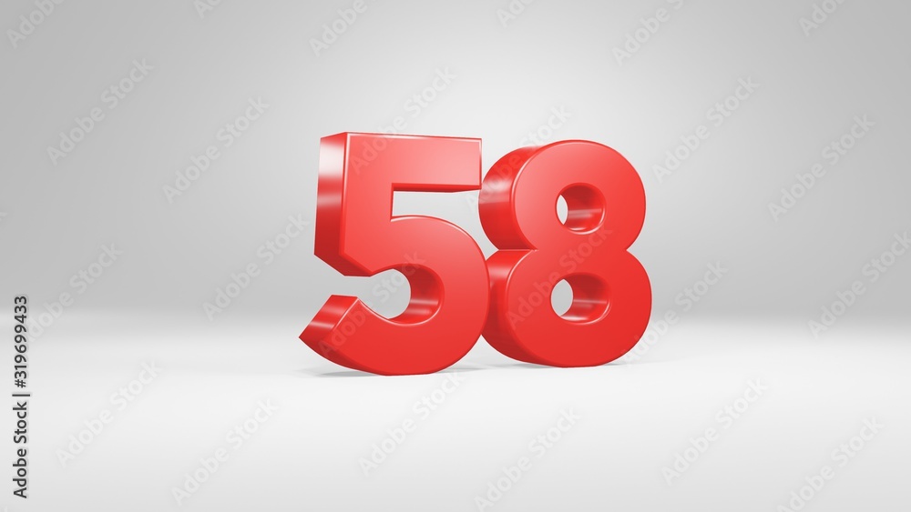 Number 58 in red on white background, isolated glossy number 3d render Number 58 in red on white background, isolated glossy number 3d render